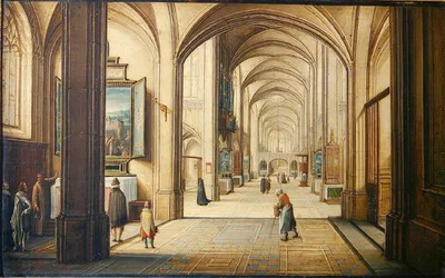Interior da igreja com um sacristão mostrando uma pintura para os visitantes, 1608 (óleo no cartão)