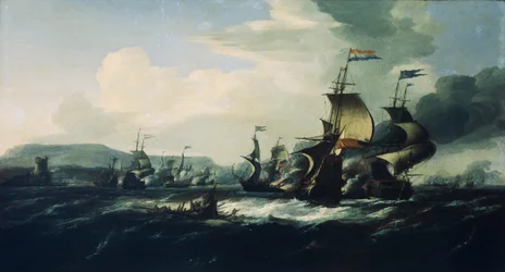 Uma batalha entre os piratas holandeses e os piratas da Barbária perto da costa, finais do século XVII (pintura a óleo)