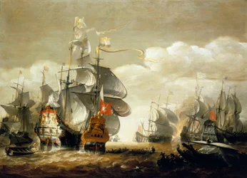 A Batalha de Lowestoft, 3 de junho de 1665, mostrando o HMS "Royal Charles" e o "Eendracht", meados do século XVII (óleo sobre madeira)