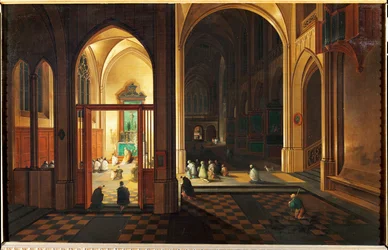 Missa numa igreja católica. Óleo sobre cobre
