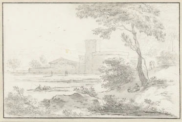 Paisagem italianizada com edifício fortificado ao fundo