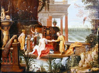 Banhsheba na piscina com os seus assistentes (óleo no painel)