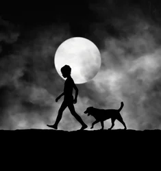 Criança e cão ao luar