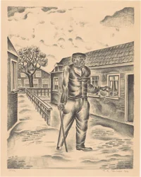 Homem com perna de madeira e bengala