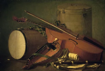 Instrumentos musicais, tambor, violino, flauta e hurdy-gurdy, de Henri Horace Roland de la Porte (1724-1793). França