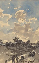 Uma paisagem com figuras caminhando por um caminho