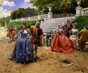 Um passeio à tarde. Um passeio à tarde. Conversa e jovens a conversar. Pintura de Henri-Victor Lesur (Henri Victor Lesur