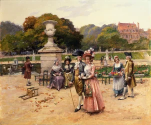 Figuras elegantes passeando num parque (óleo sobre painel)