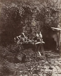 Natureza morta: panela, jarro e legumes numa mesa de cavalete, c. 1852 (foto)
