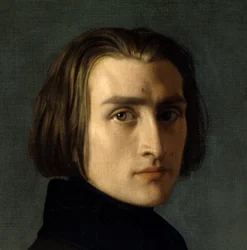 Retrato de Franz Liszt (1811-1886), compositor e pianista húngaro (1839). Detalhe do rosto. Pintura de Henri Lehmann (Karl Ernest (Ernst) Rudolf Heinrich Salem dit) (1814-1882). Paris, Musee Carnavalet.