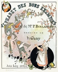 Página de título do livro "Alfabeto dos bons exemplos"". Jules Levy, editor. Ilustrações de Henri Boulanger, também conhecido como Henri Gray . Textos da Sra. P. Boulanger. Gravação e impressão por Ch. Gillot, 79 rue Madame, Paris. Por volta de 1890. Encon