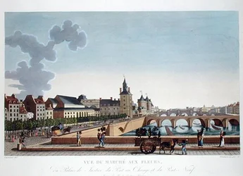 Vista do Mercado das Flores pelo Palais de Justice, c.1816-20 (gravação a cores)