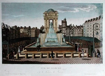 Vista da Marche des Innocents, gravada por Eugene Dubois, c.1815-20 (gravação a cores)