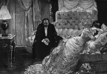 Regresso do baile de finalistas: uma cena de ciúmes entre uma mulher em lágrimas e um homem em roupa nervosa a tirar-lhe as luvas. Gravura após o quadro de Henri Gervex (1852-1929). Em "Le Monde Illusre" n°1889 de 10 de janeiro