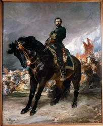 Revolução de Setembro (Gloriosa): "General Juan Prim (1843-1871) cavalgando em frente a Madrid, à frente dos seguros da Revolução Espanhola em 8 de Outubro