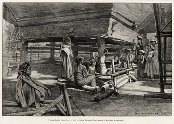 Mulheres Batak, grupo étnico do norte de Sumatra, tecelagem. Gravura de Laurent Desrousseaux para ilustrar a história "um ano na Malásia", de Jules Claine (1856-1939), em 1889-1890, em Le tour du Monde 1892, dirigido por Edouard Charton (1807-1891), Hachet