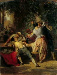 Cena de cabaré Casais a dançar e a beijarem-se. Pintura de Henri Baron (1816-1885) Sol do século XIX. 0,35x0,27 m