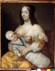 Representação do futuro rei Luís XIV (1638-1715) bebé, em fato de banho nos braços da sua enfermeira Marie de Longuet de la Giraudiere O peito da mulher é descoberto e pronto para amamentar a criança. Pintura de Charles (1604-1692) e Henri (1603-1677)