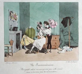 Devoção acima do dever, ilustração de "Vues de Paris; esquisses morales et philosophiques", início do século XIX (color litho)