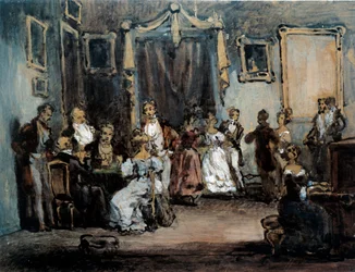 Uma noite na reunião social da Madame X no salão de uma parisiense. Aquarela de Henry Monnier (1805-1877) século XIX