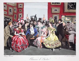 Chaussée d&39;Antin, ilustração de Six Quarters of Paris por Henri Monnier, litografada por FS Delpech, pub. Paris, c.1828 (litho colorido à mão)