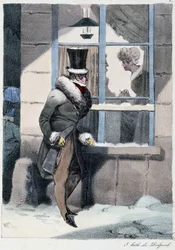 Um homem curioso a olhar pela janela dentro de uma casa: "Todos tomam o seu prazer onde ele o encontra" - em "Les pastemps" de Henri Monnier, Ed. Delpech, Paris
