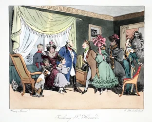 Faubourg St. Honoré, ilustração de &39;Six Quartiers de Paris&39;, de Henri Monnier, litografada por FS Delpech, pub. Paris, c.1828 (litho colorido à mão)