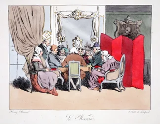 O Marais, ilustração de "Six Quartiers de Paris", de Henri Monnier, litografada por FS Delpech, pub. Paris, c.1828 (litho colorido à mão)