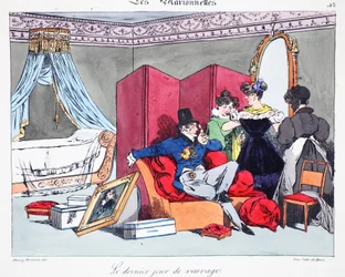 O último dia de viuvez, ilustração de "The Puppets", de Henri Monnier, litografado por Delpech, pub. Paris, c.1828 (litho colorido à mão)