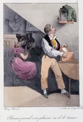 Homem que cria pássaros enquanto a mulher o engana: "Todos têm o seu prazer ou ele encontra-o" - em "Les pastemps" de Henry Monnier, Ed. Delpech, Paris, v.1830