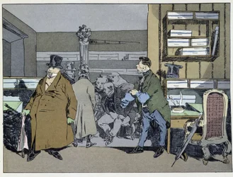 Nove horas: chegada dos funcionários, mudança de figurino, pequeno passeio de fogão - em "Administrative mores" de Henri Monnier