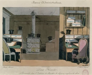 Cena em um escritório parisiense durante o almoço, c.1830 (gravura a cores)