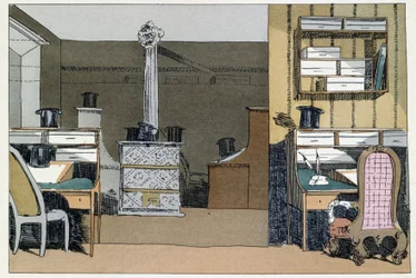 Duas horas: passeios no interior do Ministério, chapéus substituem os ausentes - em "Administrative mores" por Henri Monnier