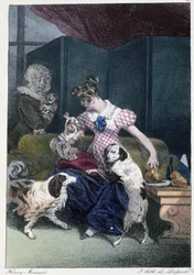 Menina com cães: "Todos levam o seu prazer onde ele o encontra" - em "Les pastemps" de Henri Monnier, Ed. Delpech, Paris