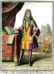 Retrato no pé de Jean Baptiste Lully (Giovanni Battista Lulli) (1632-1687) Superintendente da Música da Gravação do Rei por Henri Bonnart (1642-1711)