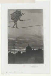 Andarilho de corda bamba com pacote nas costas sobre uma cidade
Página de título para: Henri Béraldi, Les Graveurs du XIXe siècle (...), 1888