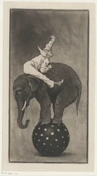 Elefante equilibrando em uma bola com um homem nas costas