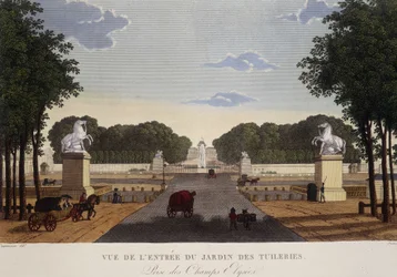 Entrada do Jardim dos Tuileries, vista dos Campos Elísios, cerca de 1820 - em "Vues de Paris" de Courvoisier