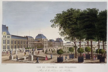 Garden e Chateau des Tuileries vistos do terraço de Les Feuillans. Gravação por Courvoisier