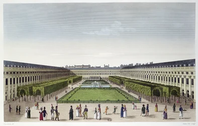 Vista dos jardins do Palais Royal, como visto das Galeries de Bois, gravado por Aubert Fils, c.1815-20