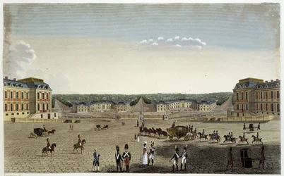 Vista dos estábulos grandes e pequenos do rei em Versalhes - em "Vues de Paris" de Courvoisier