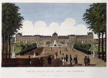 Vista do palácio e do jardim das Tuileries - em "Vues de Paris" de Courvoisier
