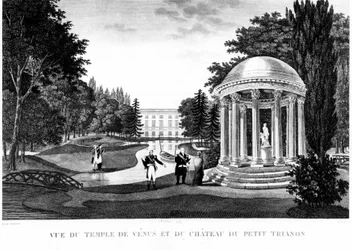 Vista do templo de Vénus e do castelo do Peer Trianon em Versalhes - desenho de Courvoisier