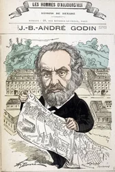 Jean Baptiste André Godin (1817-1888), industrialista fundador da família. Desenho de Demare em "Os homens de hoje".