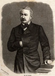 Retrato do diplomata e empresário Ferdinand de Lesseps (1805-1894), promotor dos dois ambiciosos projetos: os canais de Suez e Panamá, desenho de Henri Rousseau, para ilustrar uma excursão ao Canal de Suez em 1862 por Paul Merruau. Gravura em "