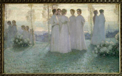 No domingo, Mulher vestida de branco falando em um jardim - Pintura de Henri Eugene (Henri-Eugene) Le Sidaner (1862-1939)