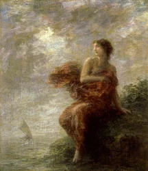 Ariane. Ela vê o barco de Teseu afastar-se e fica sozinha, abandonada. Pintura de Henri Fantin-Latour (Fantin Latour