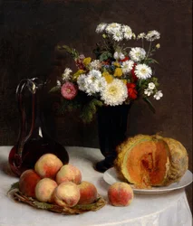 Natureza morta com flores, fruta e recipientes para vinho.