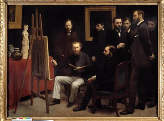 Uma oficina no Batignolles. Entre as personagens presentes: Otto Scholderer, Edouard Manet (1832-1883) sentado no centro, Pierre Auguste Renoir (1841-1919), Zacharie Astru (1835-1907), Emile Zola (1840-1902), Edmond Maitre (1840-1888), Frederic Bazill