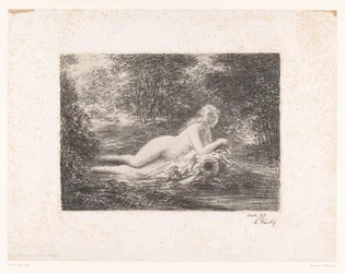 Ninfa com jarro de água por um córrego da floresta La source dans les bois (título no objeto)